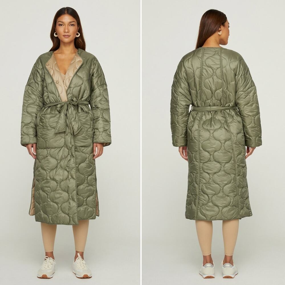 Carbon38 Long Quilted Trench Coat Jacket Women Sz S Olive Nylon Snap Front FA22
